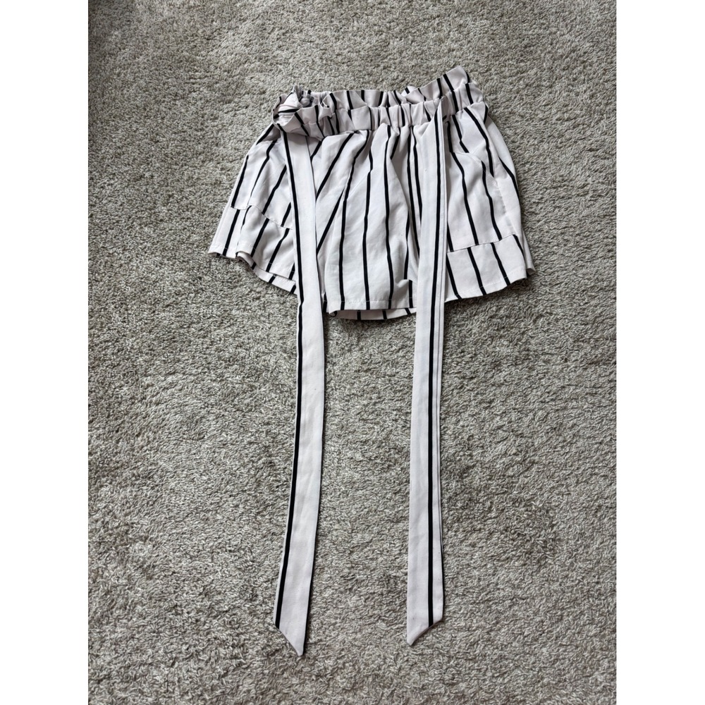 SHEIN White Black Striped Paperbag Waist Shorts High Rise Self Tie Belt Small